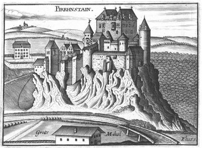 Engraving, View of Pürnstein Castle, Upper Austria by Georg Matthaus Vischer
